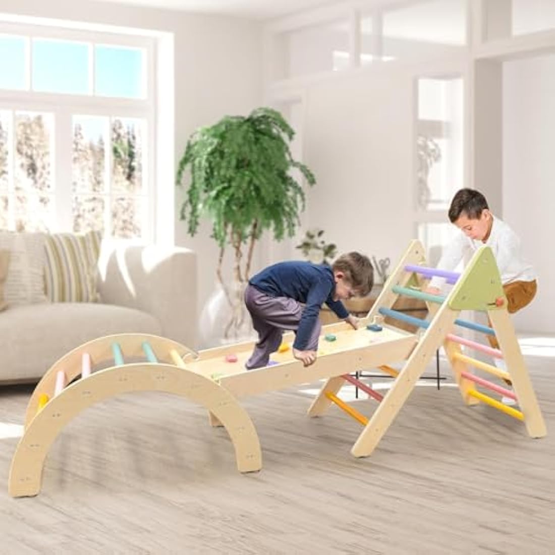 3-in-1 Wooden Pikler Triangle Set - Montessori Climbing Gym