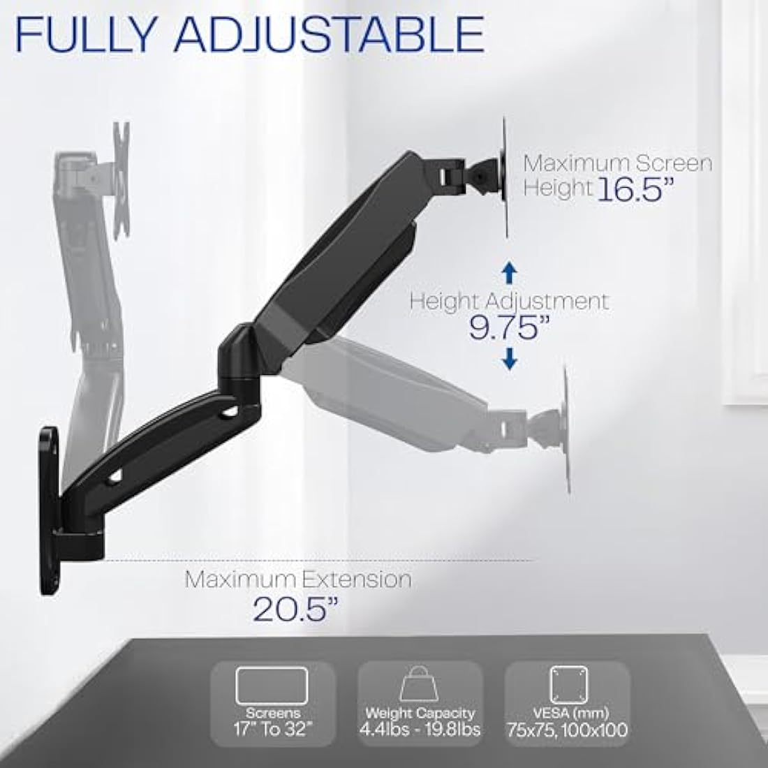 VIVO Single Monitor Wall Mount – Pneumatic Full Motion Arm for 17-27" Screens