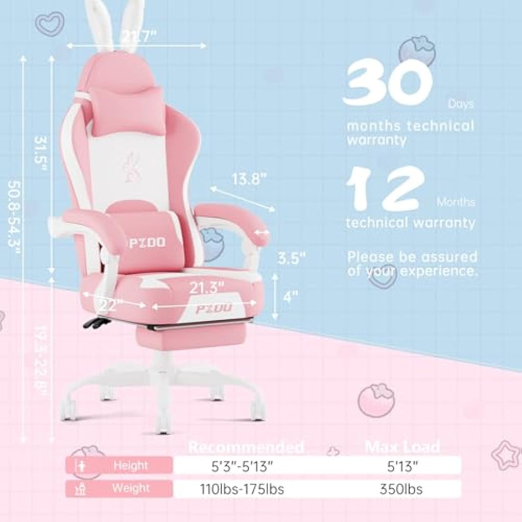 PZDO Pink Kawaii Gaming Chair | Ergonomic Latex Seat with Footrest
