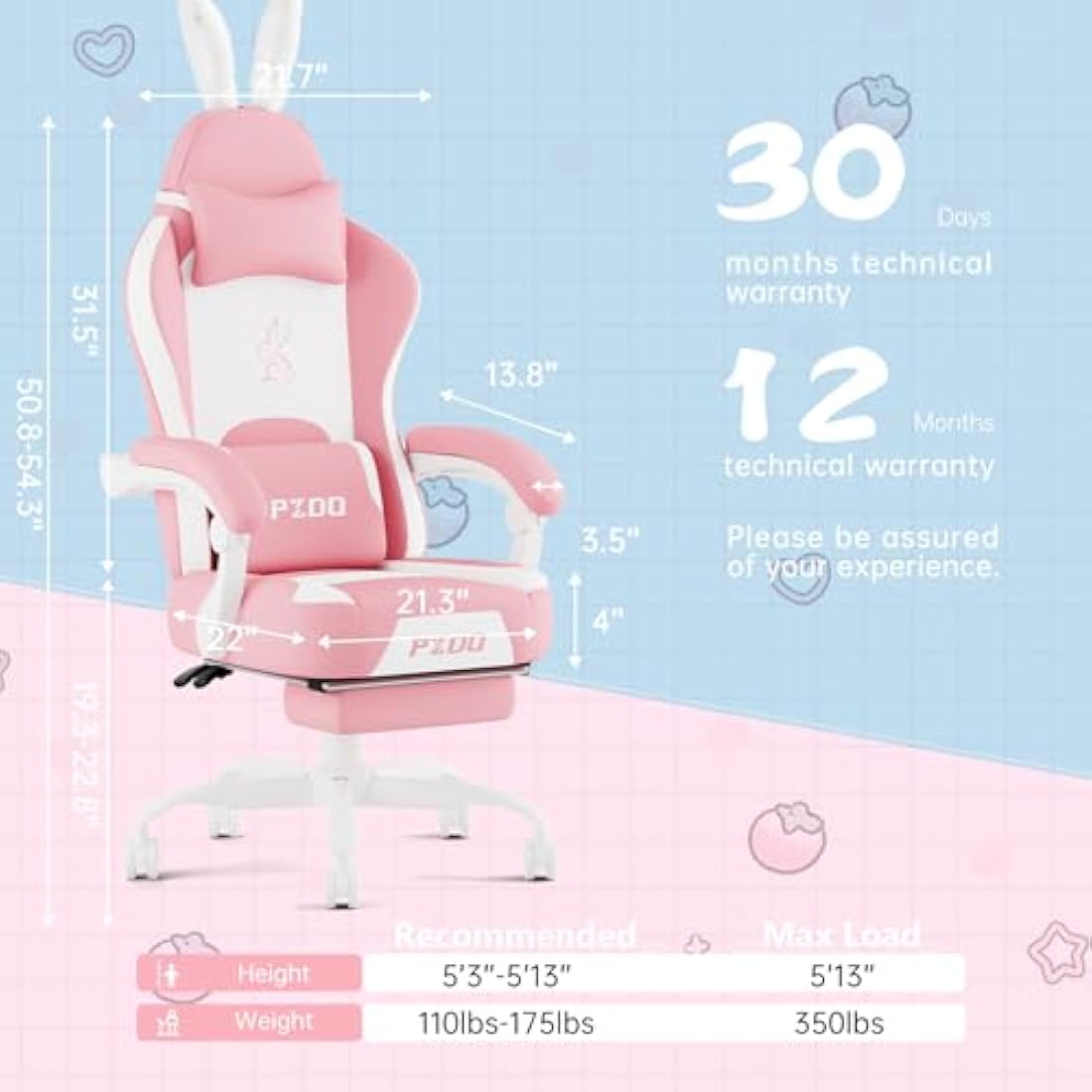 PZDO Pink Kawaii Gaming Chair | Ergonomic Latex Seat with Footrest