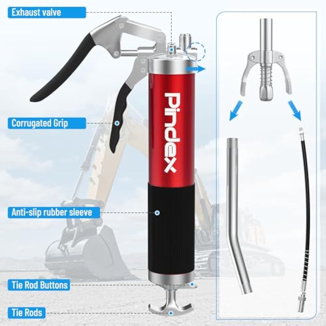 Pindex Heavy Duty Grease Gun Set with G Coupler | Manual Pistol Grip Tool