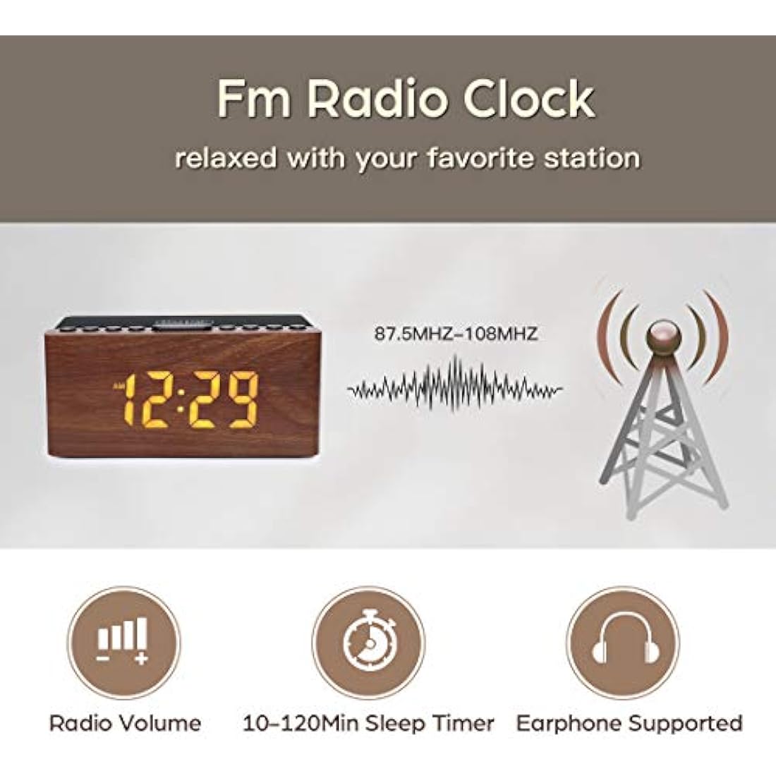 ANJANK Wooden FM Radio Alarm Clock with 10W Fast Wireless Charging