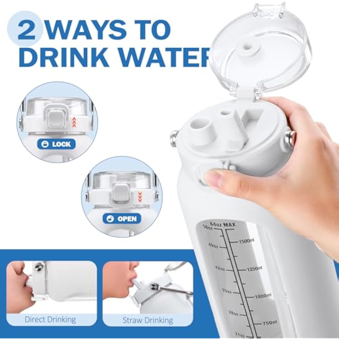 BLUEGO 2L Glass Water Bottle with Time Marker and Straw – White