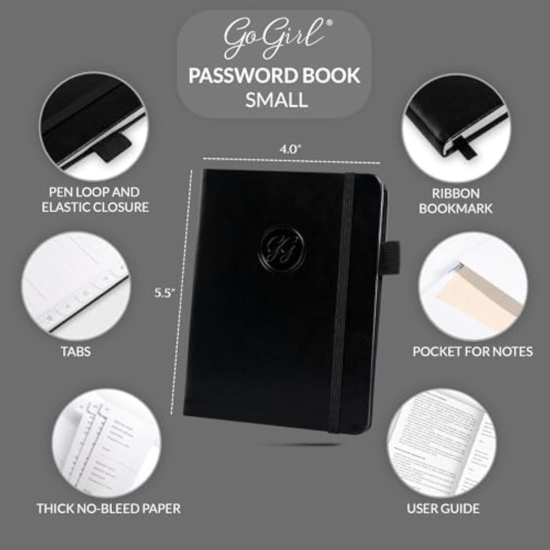 GoGirl Password Book with Alphabetical Tabs – Small Black Logbook