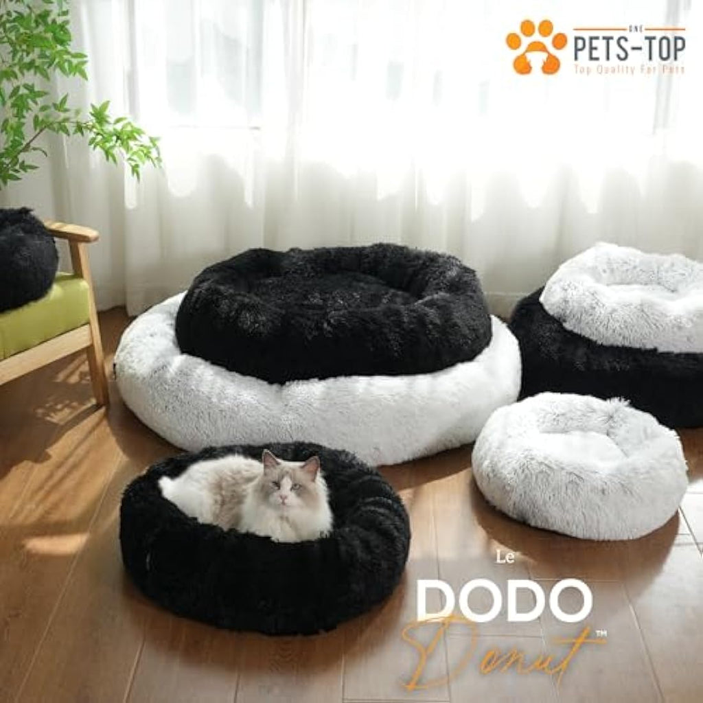 One PETS-TOP Calming Dog Bed – Washable Plush Dodo Donut, Pearl Grey 80cm
