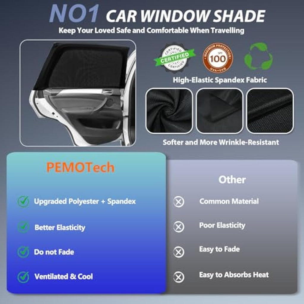 PEMOTech Car Window Shades for Baby | 2-Pack UV Protection Spandex Mesh