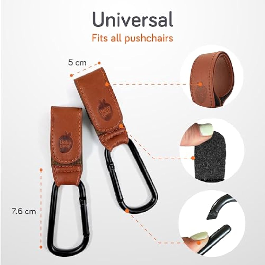 Baby Uma Faux Leather Buggy Clips – Universal Pram Hooks (2 Pack) Camel