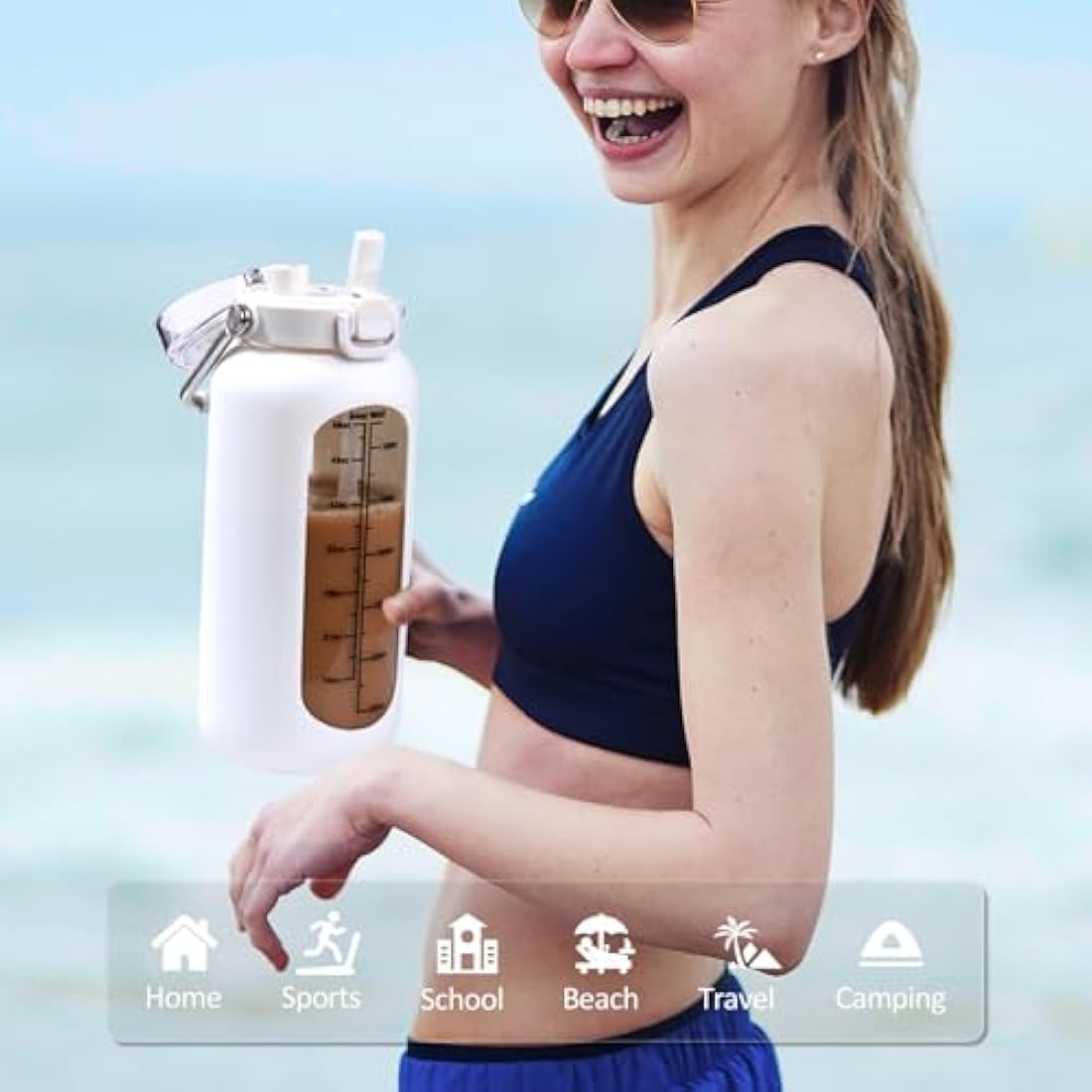BLUEGO 2L Glass Water Bottle with Time Marker and Straw – White