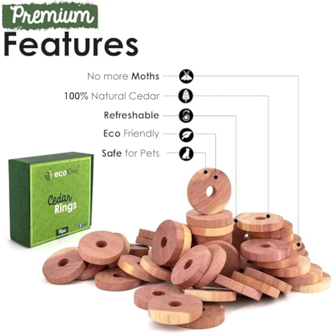 ecoKiwi Cedar Moth Repellent Rings - 55 Pack Natural Red Cedarwood