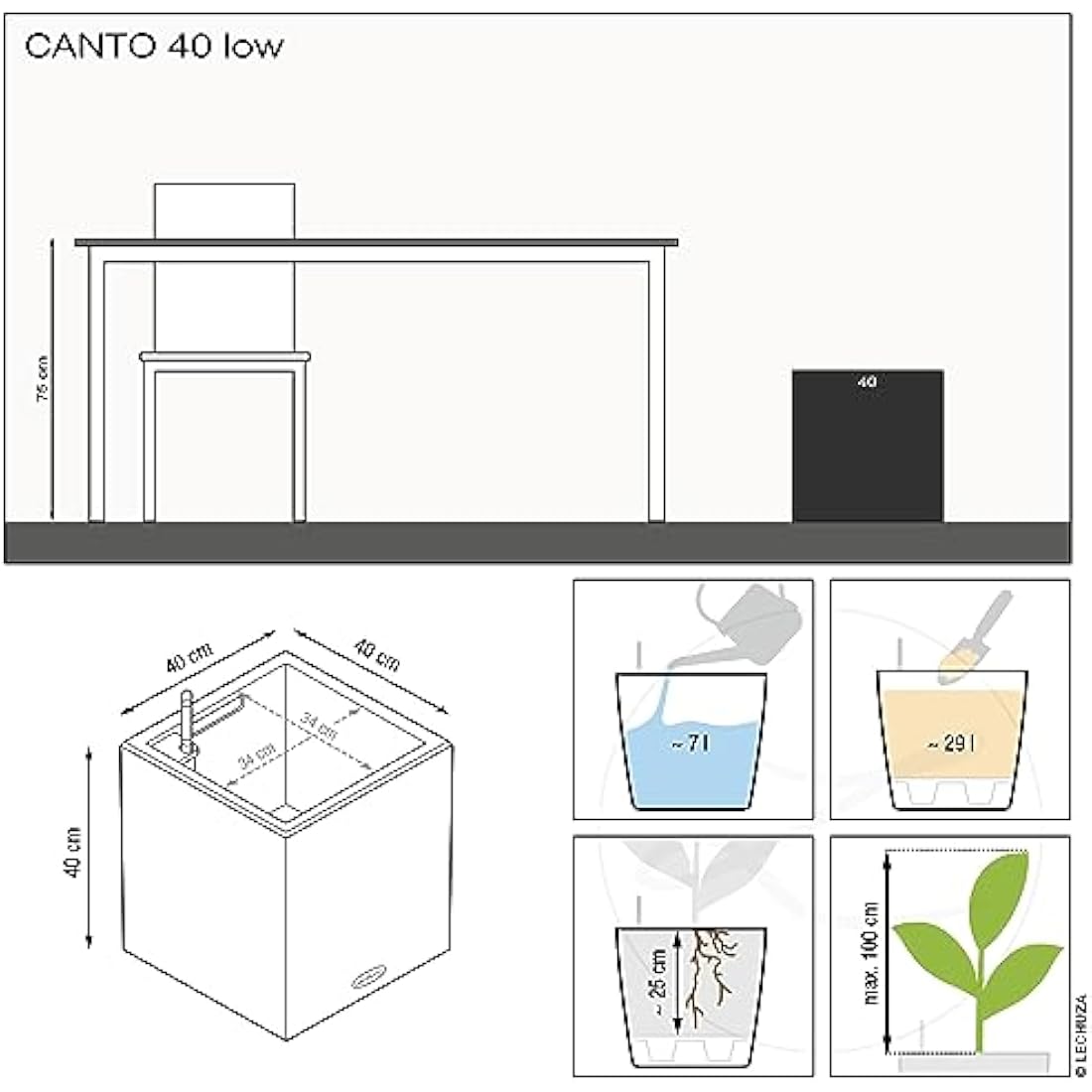 Lechuza CANTO Stone 40 Low Self-Watering Planter | Stone Gray Plastic