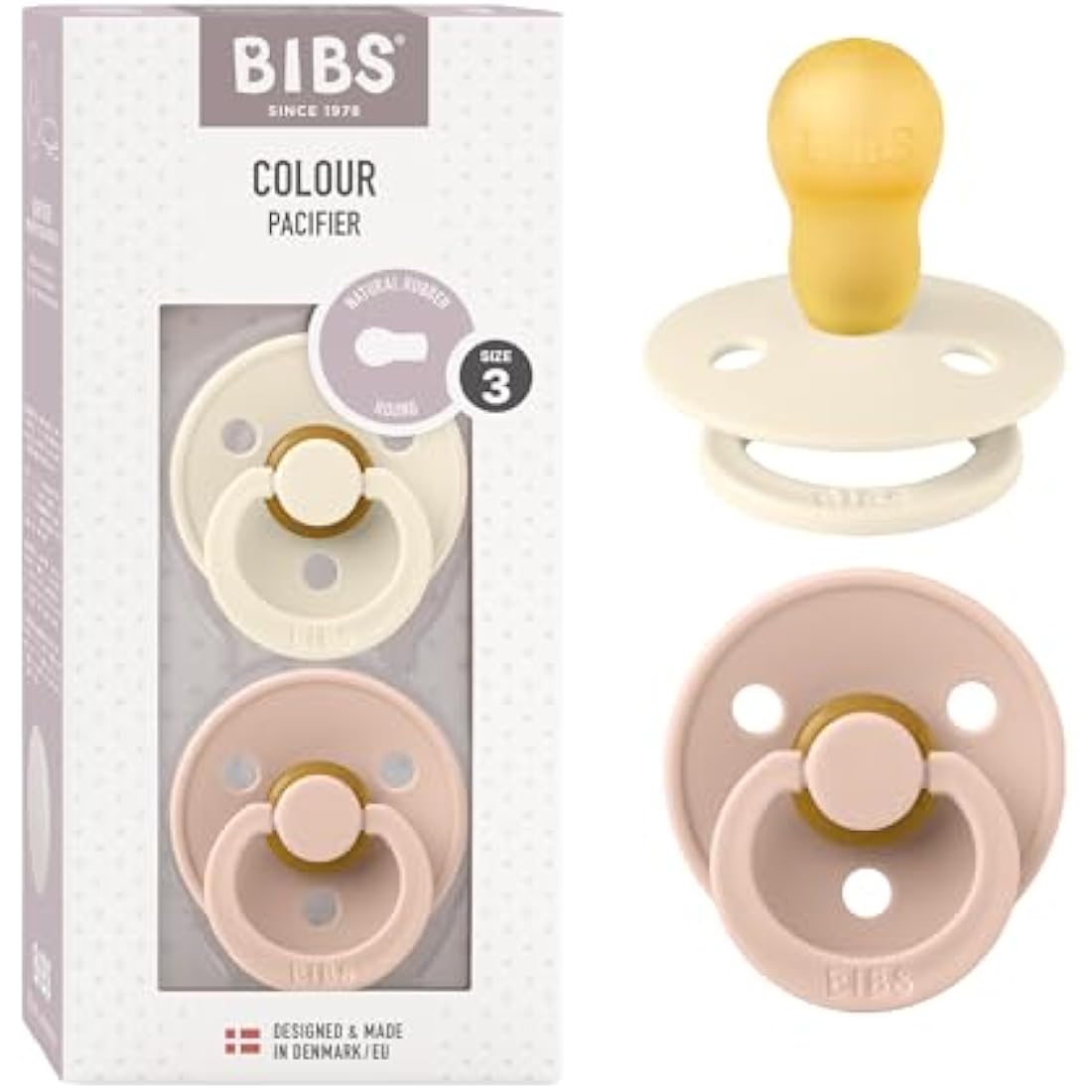 BIBS Colour Pacifier 2-Pack | Natural Rubber Latex | Size 3 Ivory/Blush