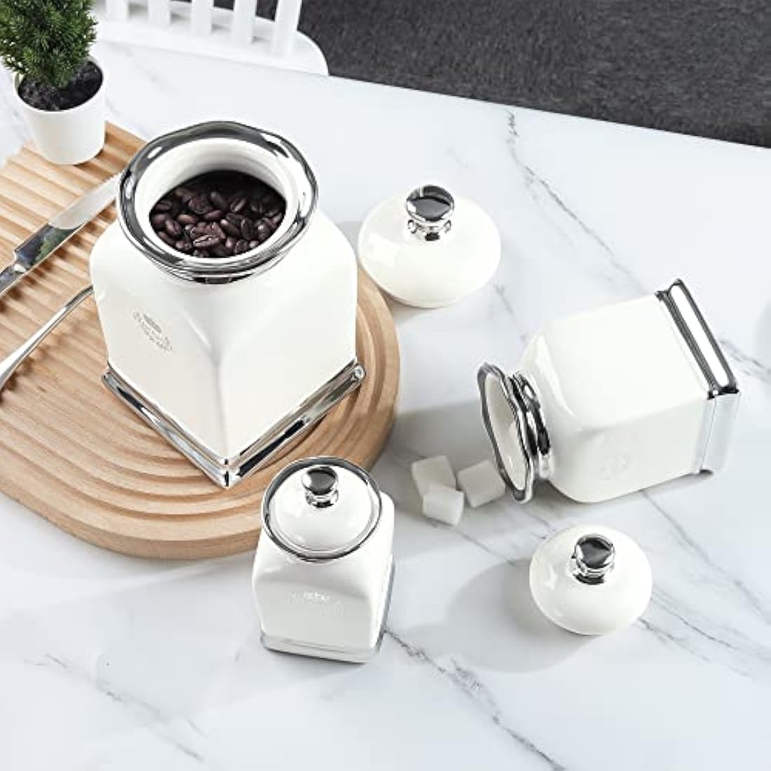 Fanquare 3-Piece Porcelain Kitchen Canister Set – Off White Ceramic Jars