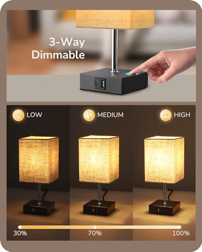 EDISHINE Bedside Lamps Set of 2 | 3-Way Touch Dimmable with USB A+C Ports
