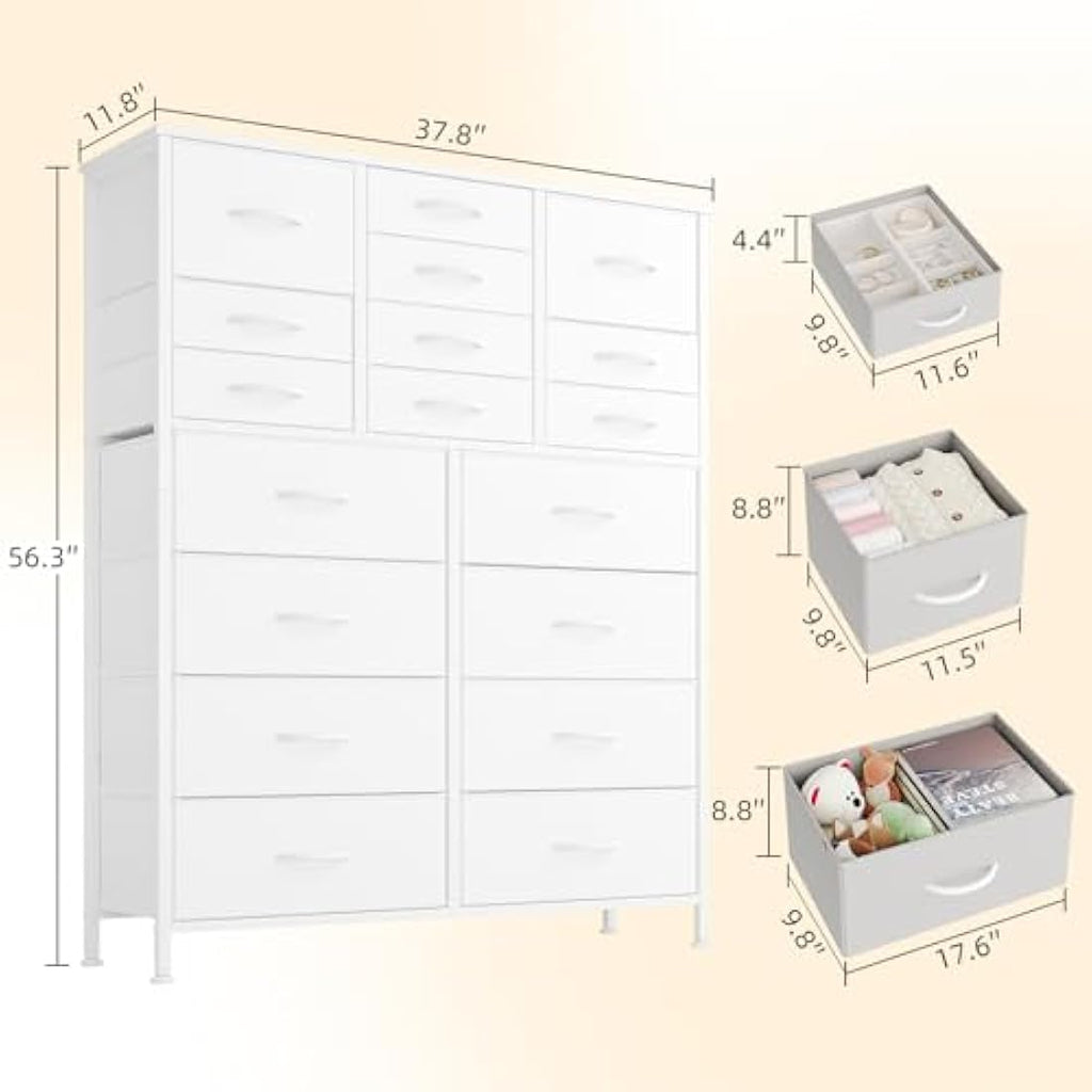 18-Drawer Tall Dresser – White Metal & Wood Storage Chest
