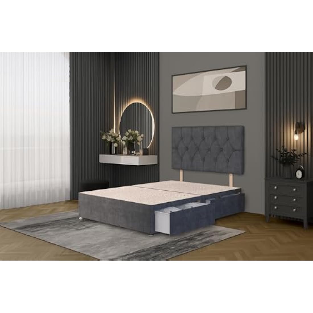 Charcoal Plush Fabric Divan Bed Base with Matching Headboard
