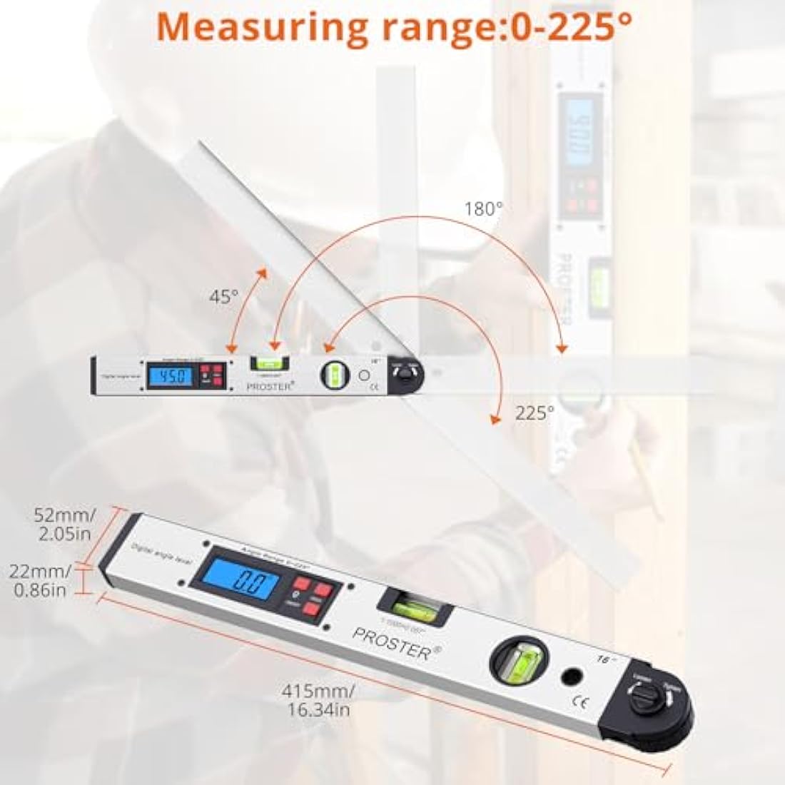 Proster 16" Digital Angle Finder | 0-225° Protractor with Spirit Levels