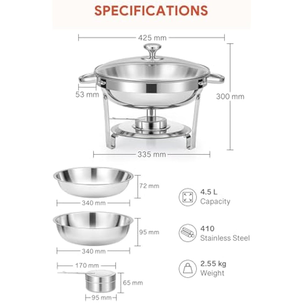 Wilprep 4-Pack Round Chafing Dish Buffet Set | 4.5L Stainless Steel Chafers
