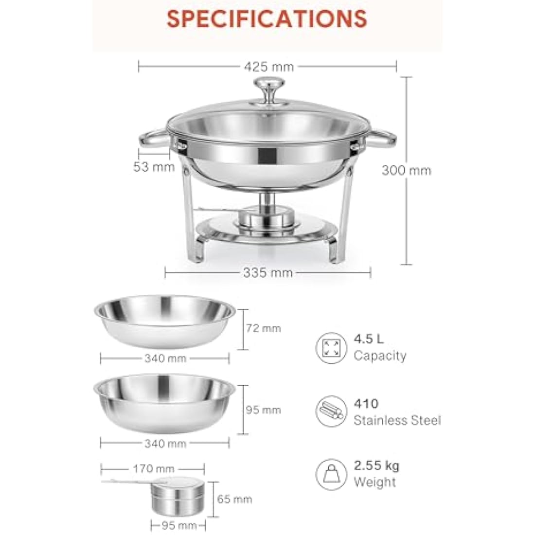 Wilprep 4-Pack Round Chafing Dish Buffet Set | 4.5L Stainless Steel Chafers