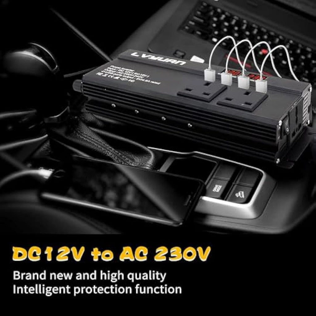 LVYUAN 1200W Power Inverter 12V to 240V AC | 3 UK Sockets & 4 USB Ports