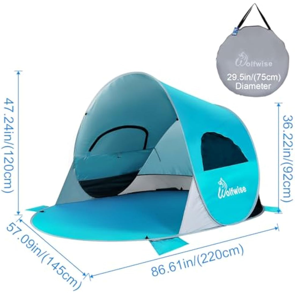 Wolfwise 3-4 Person Pop Up Beach Tent | UPF 50+ Sun Shelter - Blue