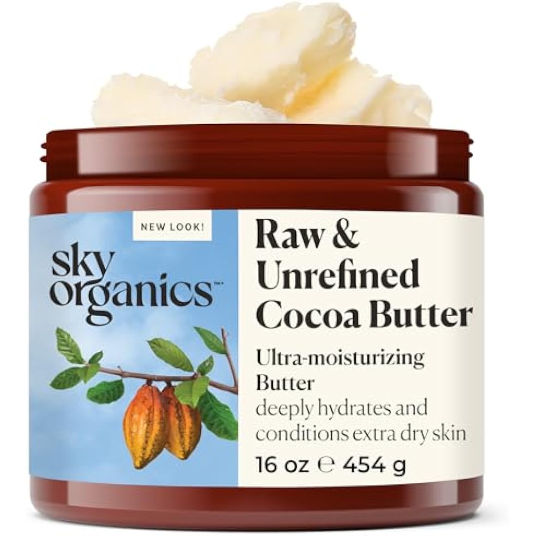 Sky Organics Raw Cocoa Butter – 100% Unrefined Body Moisturizer, 454g