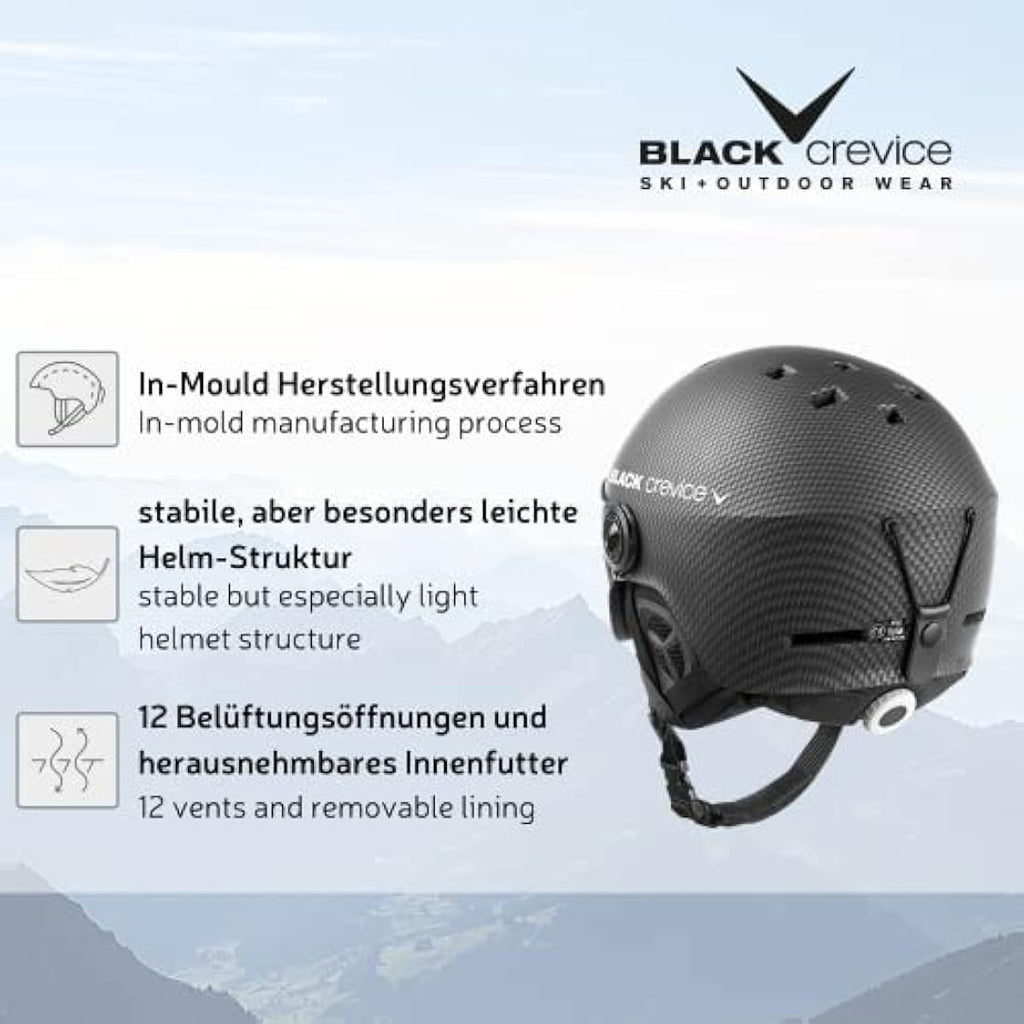 Black Crevice Gstaad Ski Helmet – Pilot Style Visor Helmet for Adults