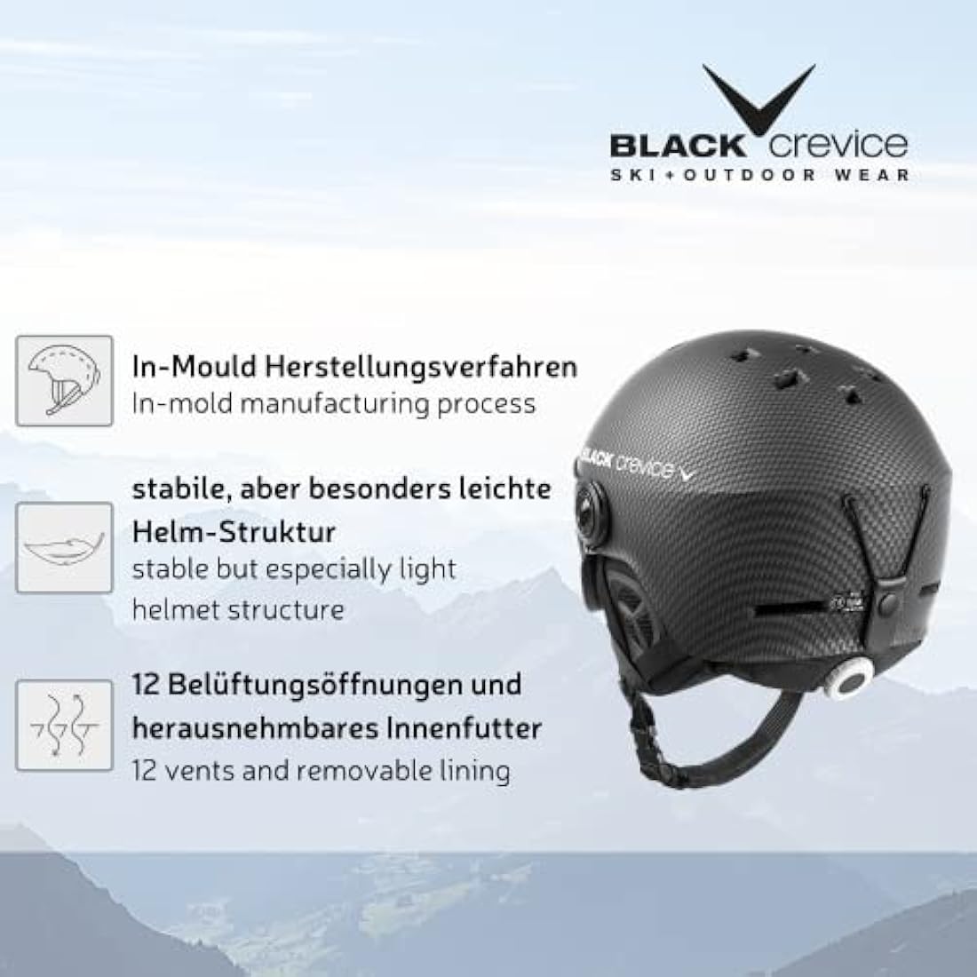 Black Crevice Gstaad Ski Helmet – Pilot Style Visor Helmet for Adults
