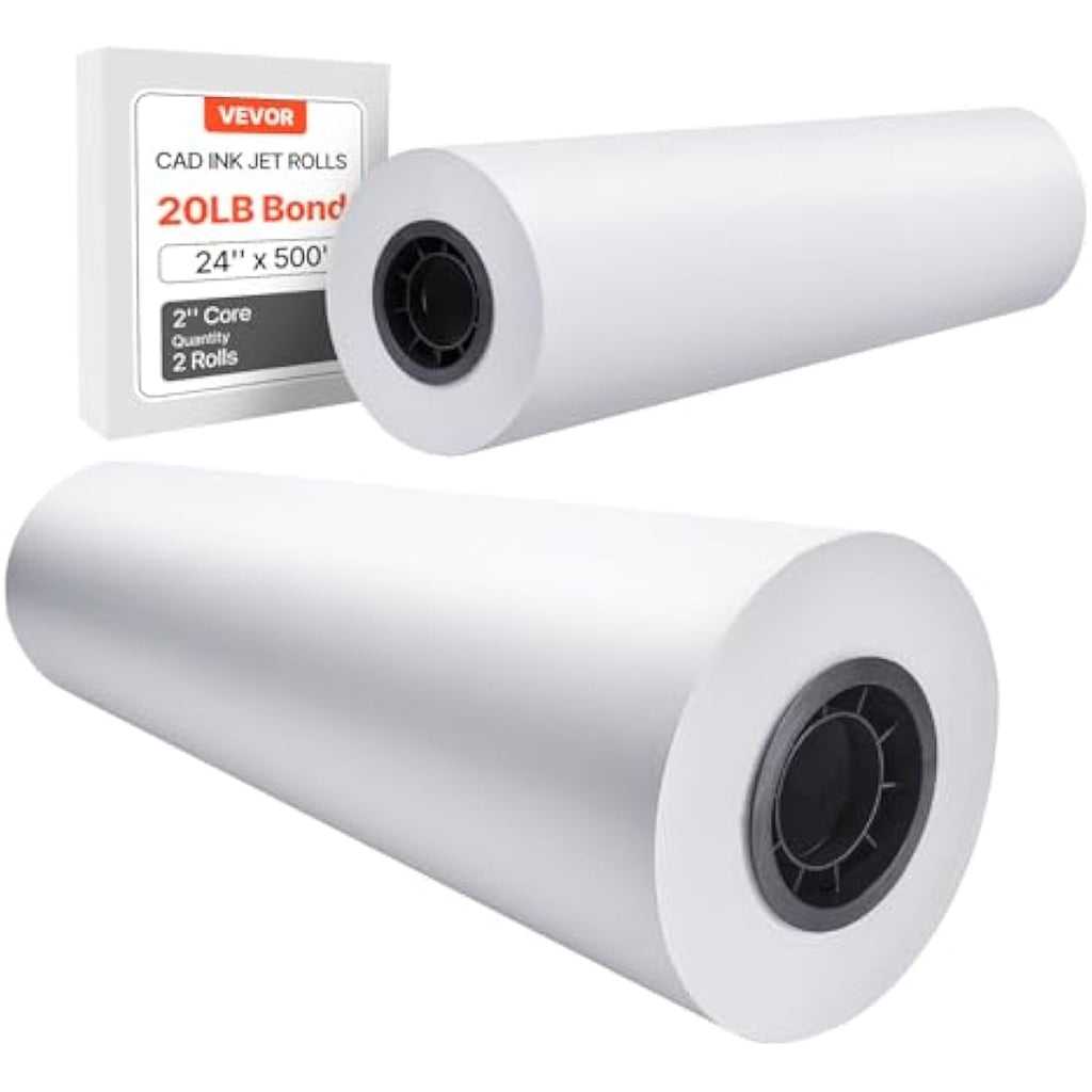 VEVOR 24" x 500' Plotter Paper | 20 LB CAD Bond Rolls with 3" Core, 2 Pack