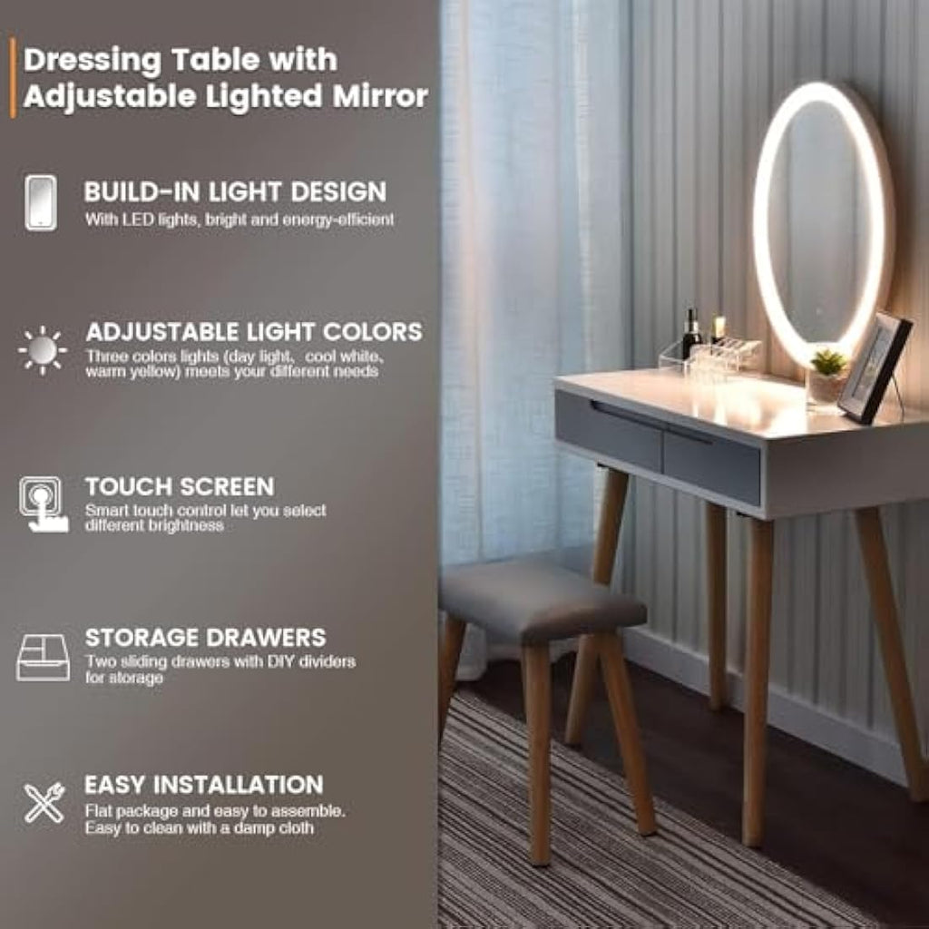 YOURLITE Vanity Table Set with LED Oval Mirror and Cushioned Stool - White