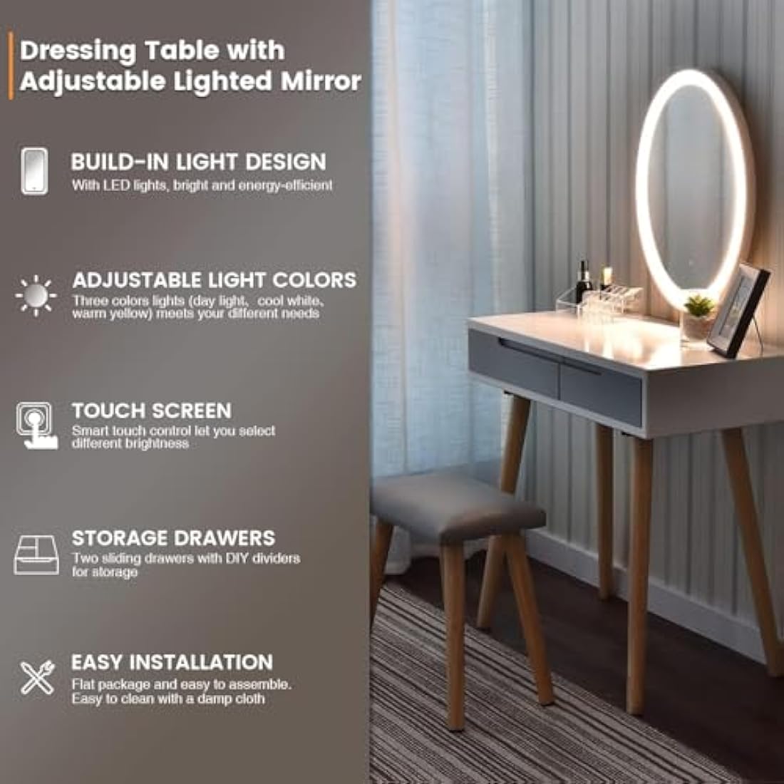 YOURLITE Vanity Table Set with LED Oval Mirror and Cushioned Stool - White