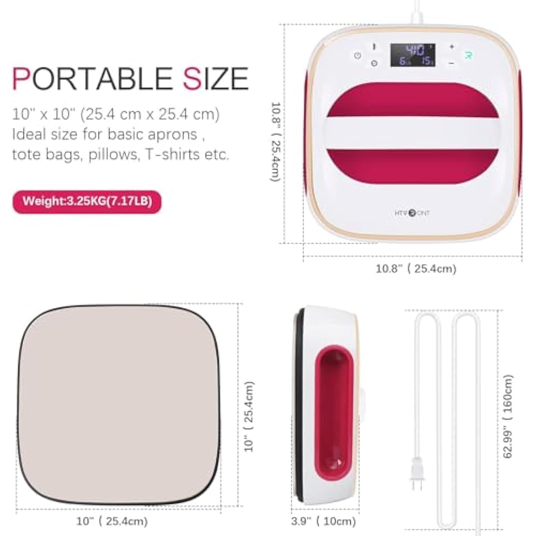 HTVRONT 10x10 Portable Heat Press Machine for T-Shirts & HTV - Raspberry