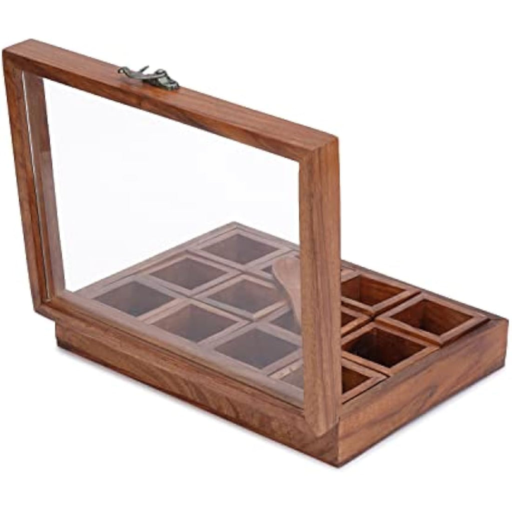 Wooden Masala Dabba Spice Box - 12 Compartments & Glass Lid