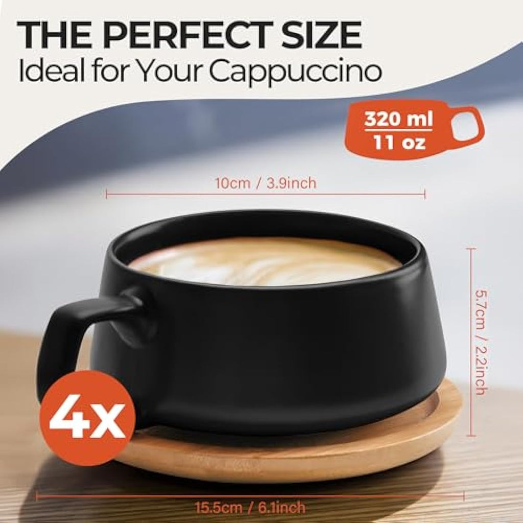 MIAMIO Ceramic Coffee Cup Set with Bamboo Saucers - 320ml Black, Set of 4