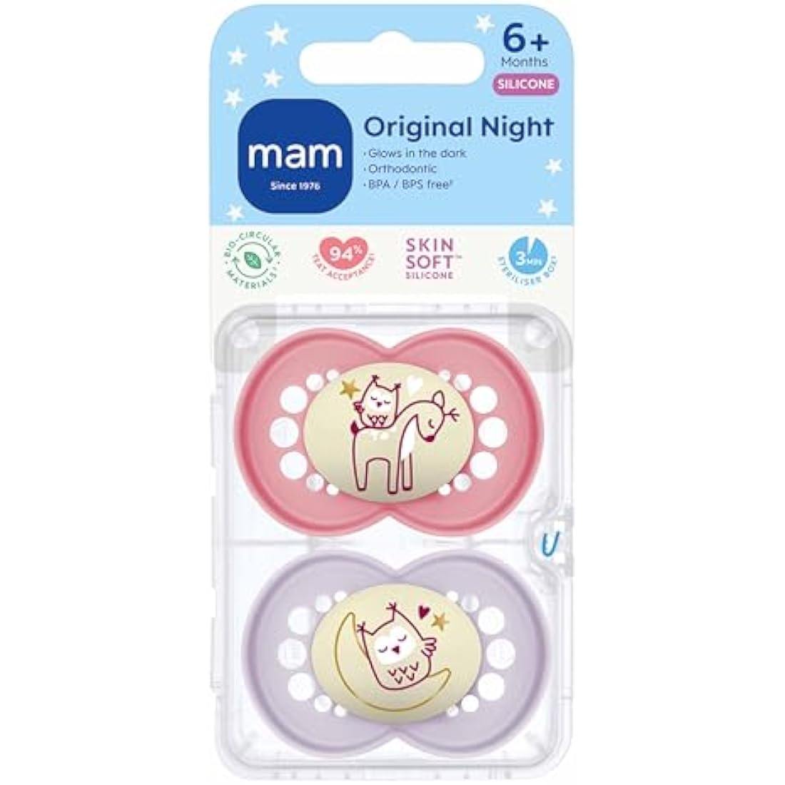 MAM Night Soothers | Glow in the Dark Orthodontic Dummies | 6+ Months | Pink