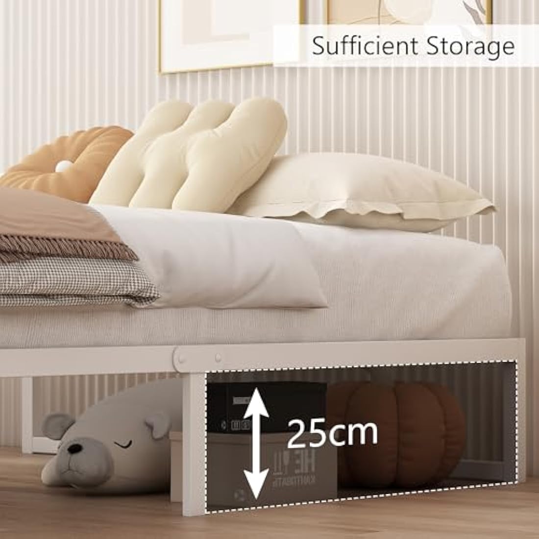 Single Metal Bed Frame – 90x190cm Steel Slat Support, White