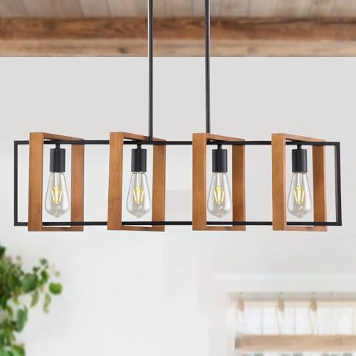 Mikeru Farmhouse Pendant Light | 4-Light Black Metal & Wood Chandelier