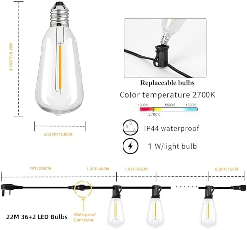 AzureStar 22M Outdoor Festoon Lights – 36+2 Shatterproof LED ST38 Bulbs