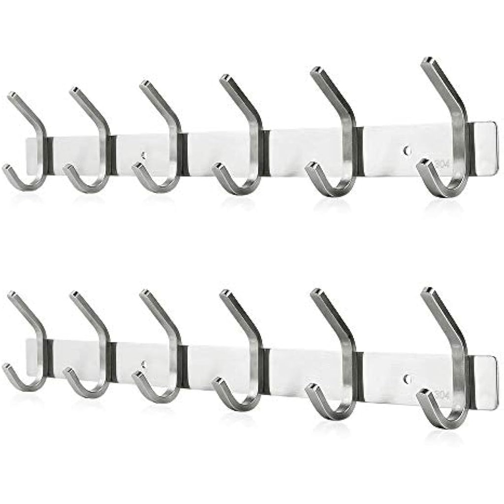 Dripex 304 Stainless Steel Wall Mounted Coat Hook Rack - 6 Hooks, 2 Pack