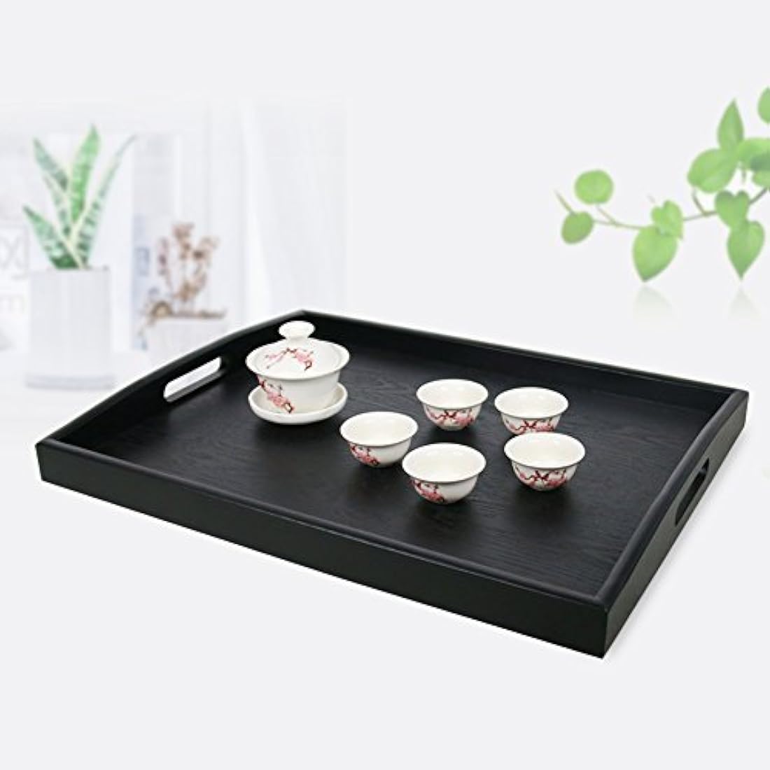 Jolof Store Large Black Ash Wood Serving Tray with Handles - Rectangle