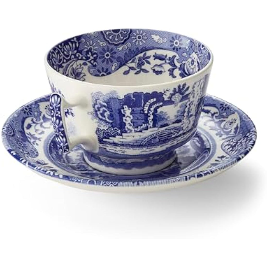 Spode Blue Italian Teacup and Saucer Set – 7oz Ceramic Fine China, 4pc