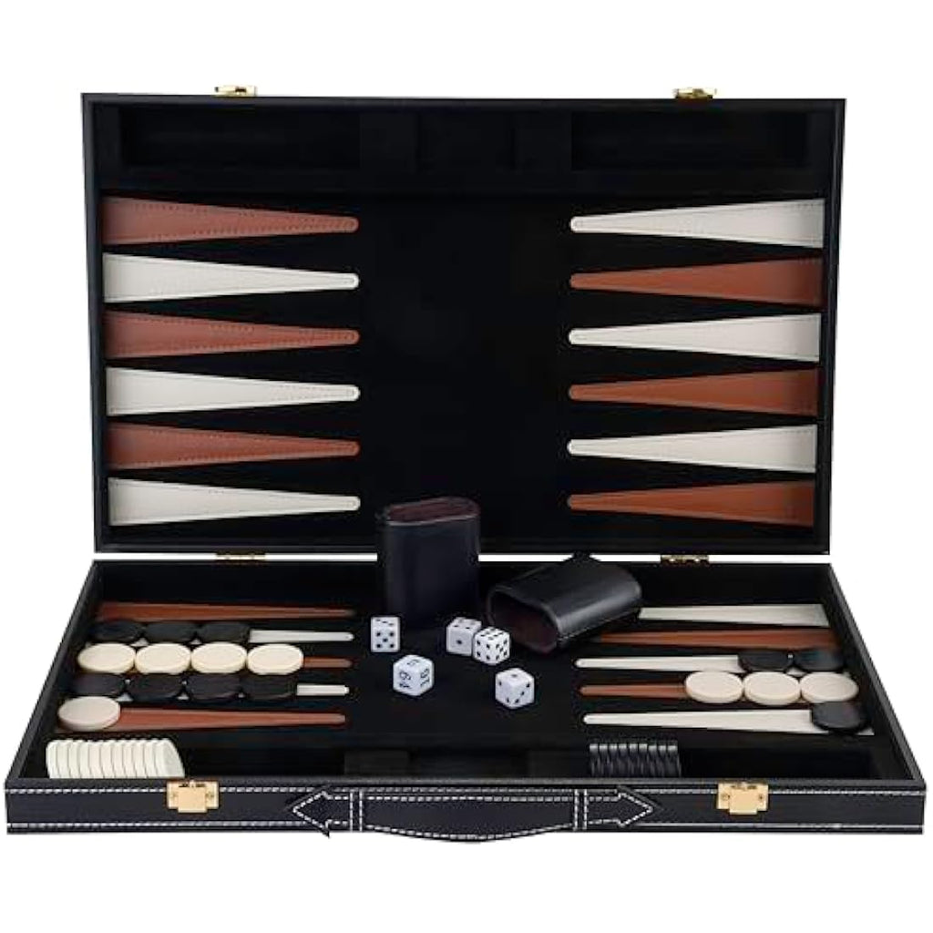 Engelhart Deluxe 18" Backgammon Set – Brown & Ivory Faux Leather