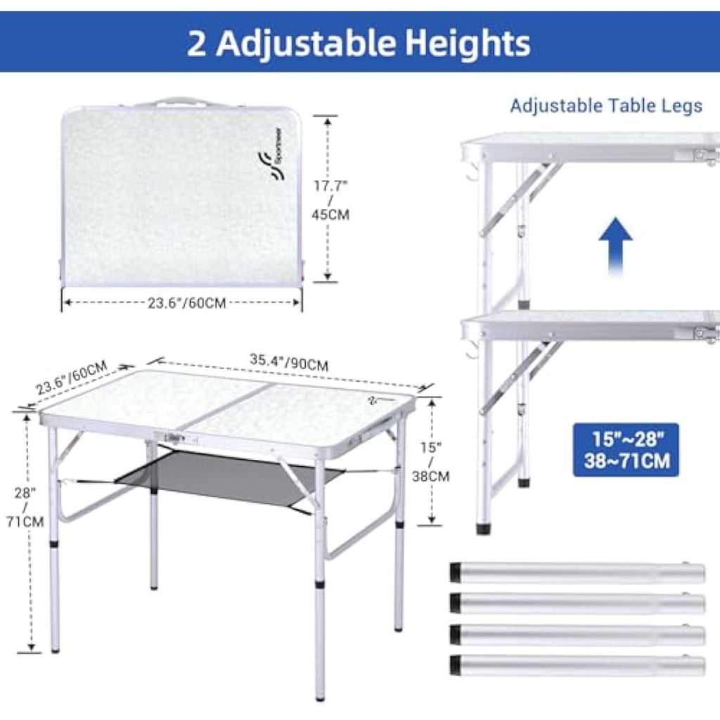 Sportneer Folding Camping Table | Adjustable Height Aluminum 90x60cm
