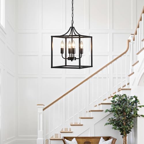 Industrial Black Metal Chandelier – 4-Light Lantern Pendant