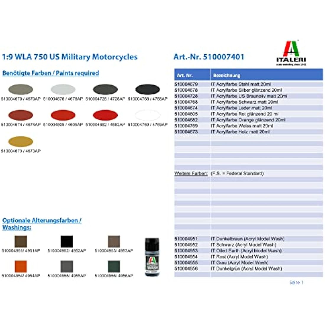 Italeri US Military WLA 750 Harley Davidson 1:72 Scale Model Kit