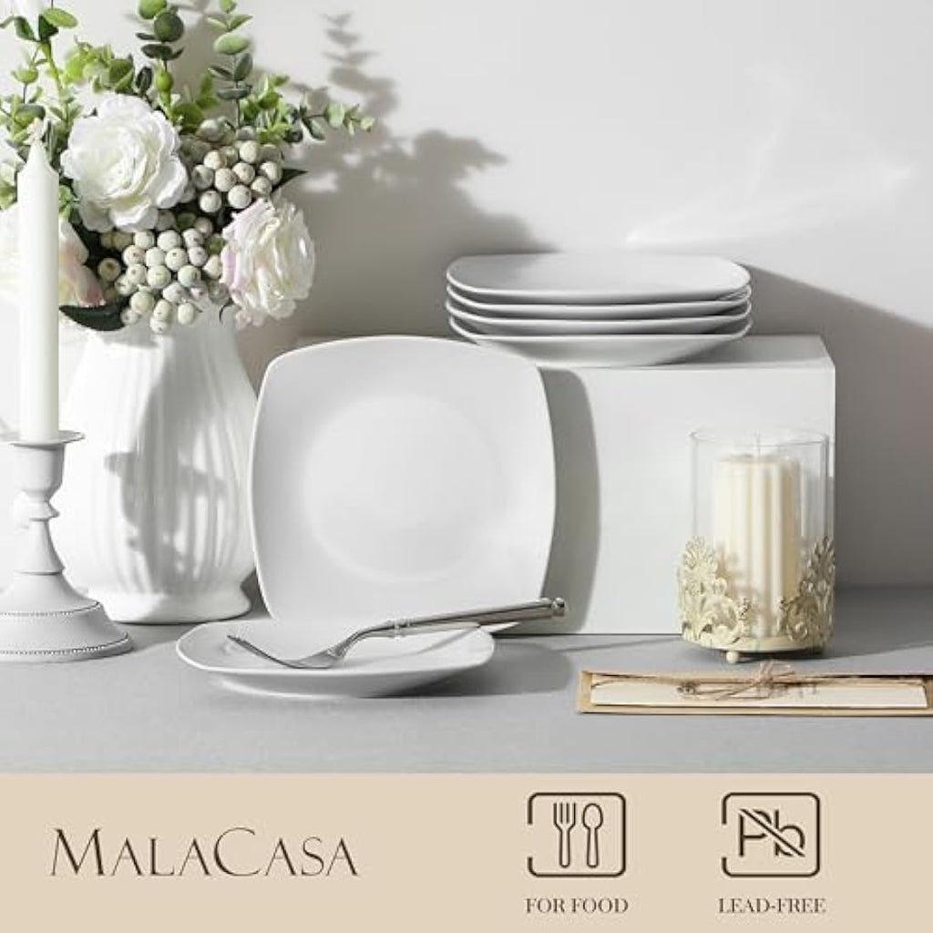 MALACASA 6.5" Square Dessert Plates - Ivory White Porcelain Set of 6