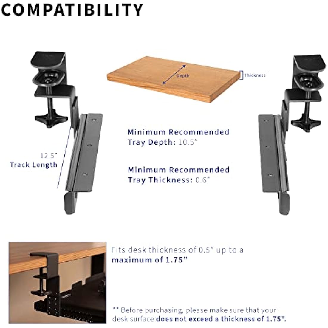 VIVO Height Adjustable Under Desk Keyboard Tray Rails with C-Clamps