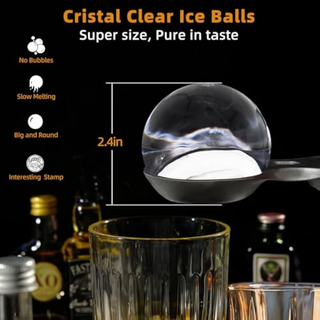 PushGoGo Clear Ice Ball Maker – 2.4 Inch Silicone Sphere Molds, 4-Cavity