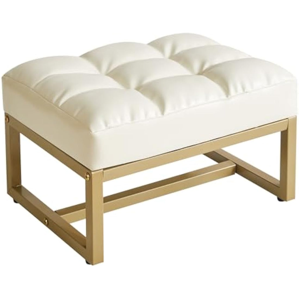 Aibiju White Faux Leather Footstool Ottoman with Gold Metal Frame