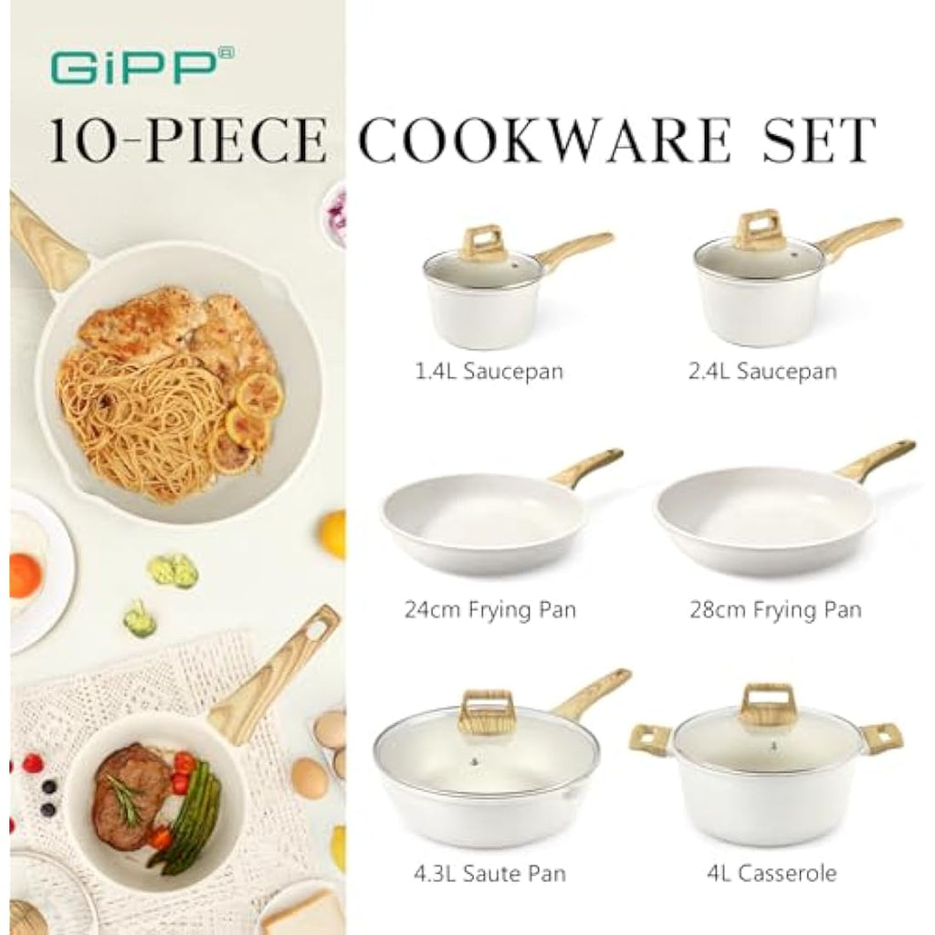GiPP 10-Piece Nonstick Ceramic Cookware Set | White Induction Pots and Pans