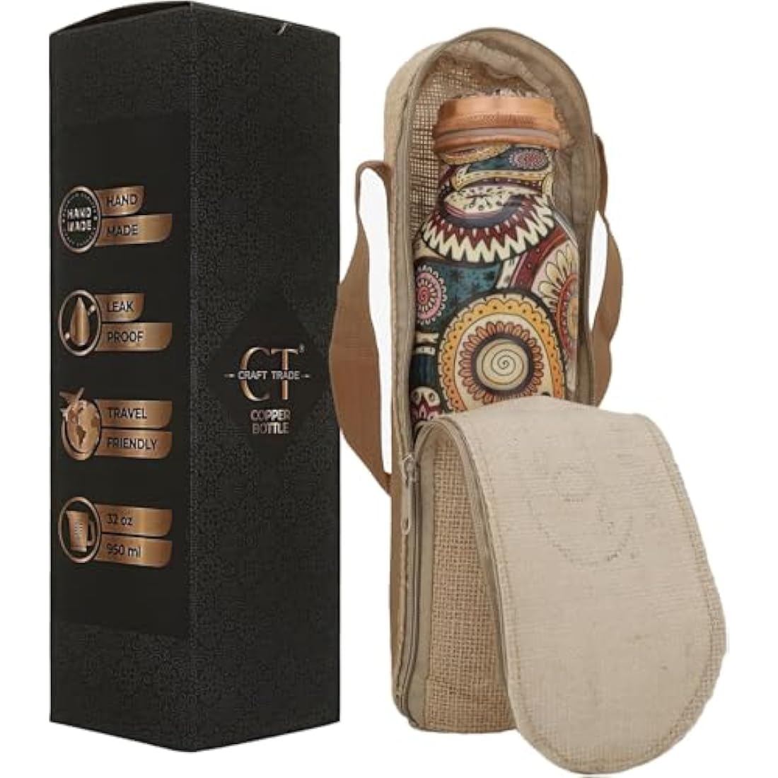 Craft Trade Pure Copper Water Bottle Set - 1L Leak Proof Ayurvedic Flask